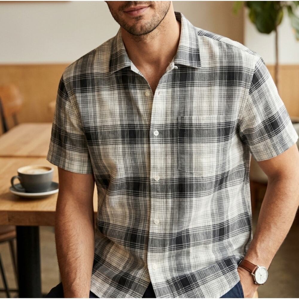 J. Crew Mens Short Sleeve Casual Button-Down Shirt Black Gray Plaid Preppy L